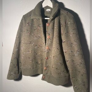 Embroidered Olive Green Fleece Jacket with Wooden Buttons